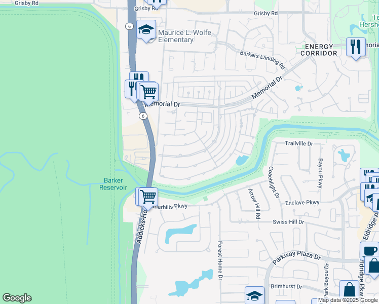 map of restaurants, bars, coffee shops, grocery stores, and more near 1022 Crossroads Drive in Houston