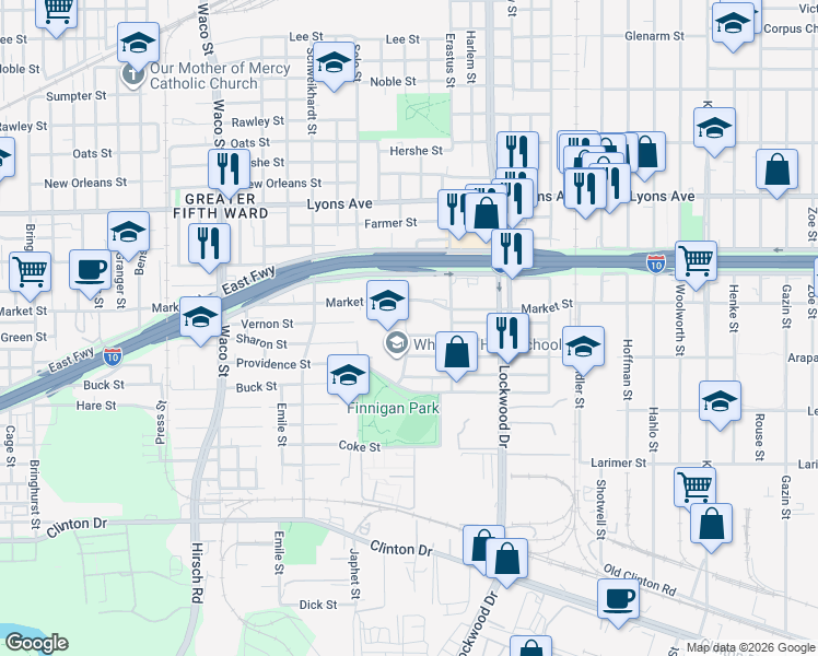 map of restaurants, bars, coffee shops, grocery stores, and more near 5203 San Juan Street in Houston