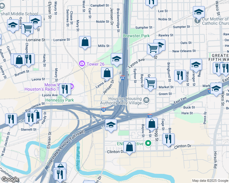 map of restaurants, bars, coffee shops, grocery stores, and more near 2801 Conti Street in Houston