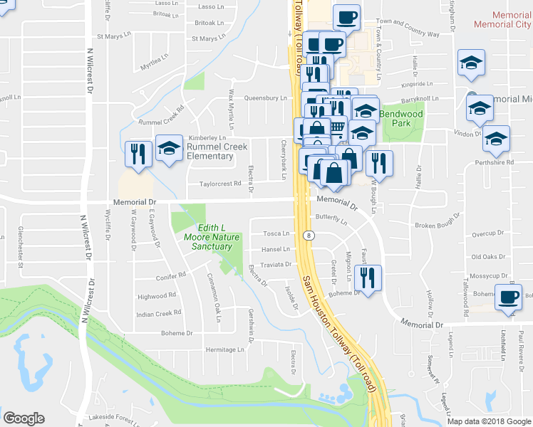 map of restaurants, bars, coffee shops, grocery stores, and more near 12930 Butterfly Lane in Houston