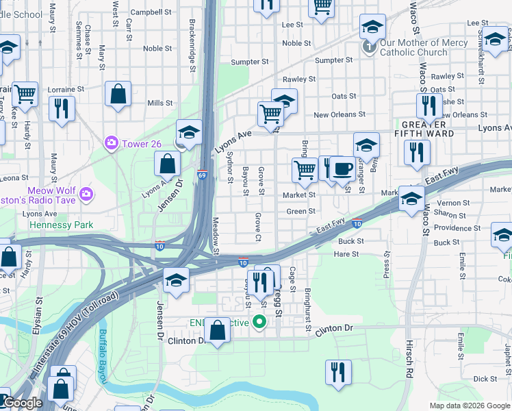 map of restaurants, bars, coffee shops, grocery stores, and more near 3211 Zarzana Alley in Houston