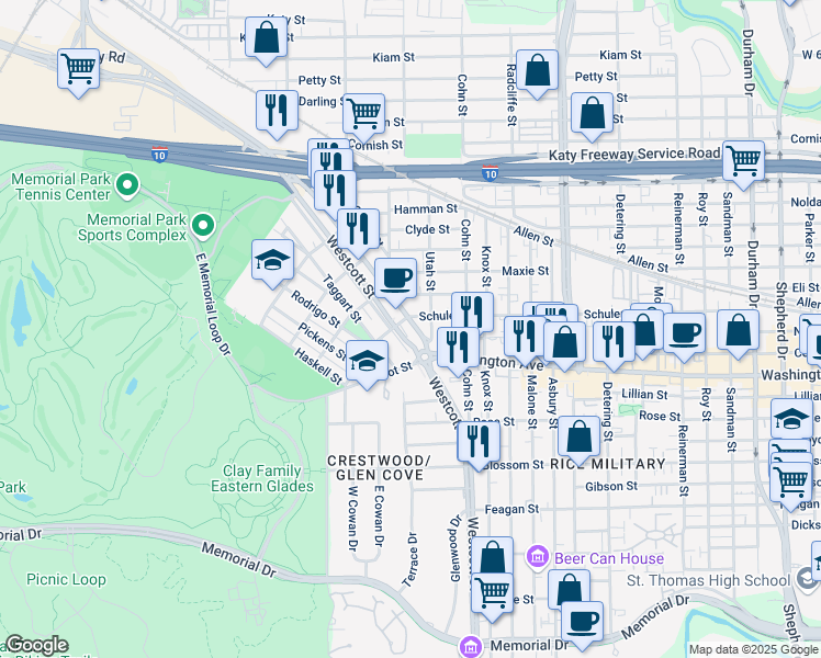 map of restaurants, bars, coffee shops, grocery stores, and more near 6161 Washington Avenue in Houston