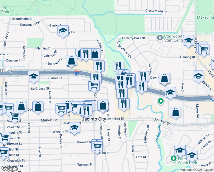 map of restaurants, bars, coffee shops, grocery stores, and more near 11209 Verano Street in Houston