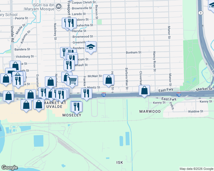 map of restaurants, bars, coffee shops, grocery stores, and more near 14131 Nimitz Street in Houston