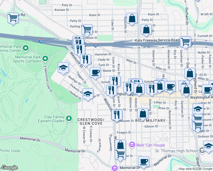 map of restaurants, bars, coffee shops, grocery stores, and more near 6012 Center Street in Houston