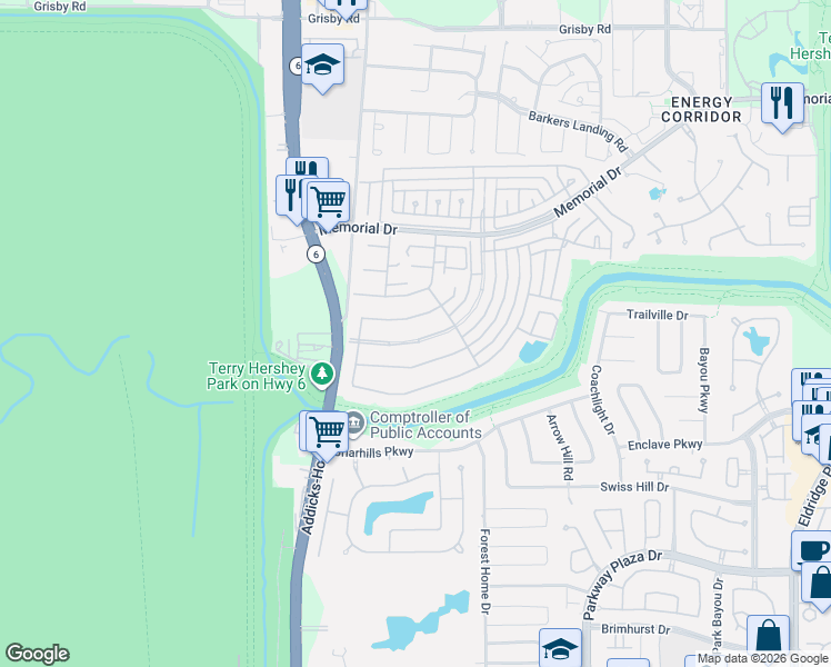 map of restaurants, bars, coffee shops, grocery stores, and more near 1022 Crossroads Drive in Houston