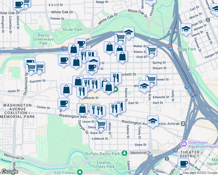 map of restaurants, bars, coffee shops, grocery stores, and more near 2101 Winter Street in Houston