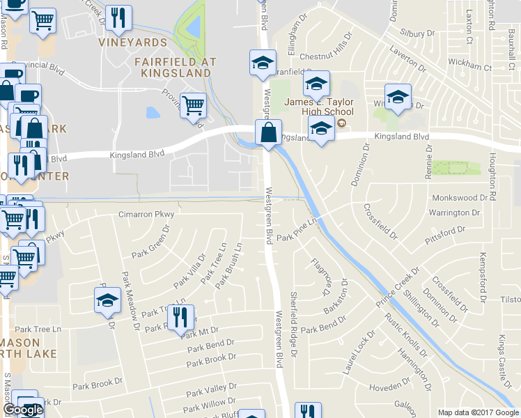 map of restaurants, bars, coffee shops, grocery stores, and more near 20906 Westgreen Court in Katy