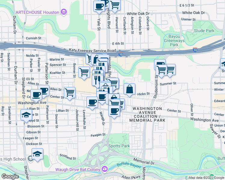 map of restaurants, bars, coffee shops, grocery stores, and more near 140 Heights Boulevard in Houston