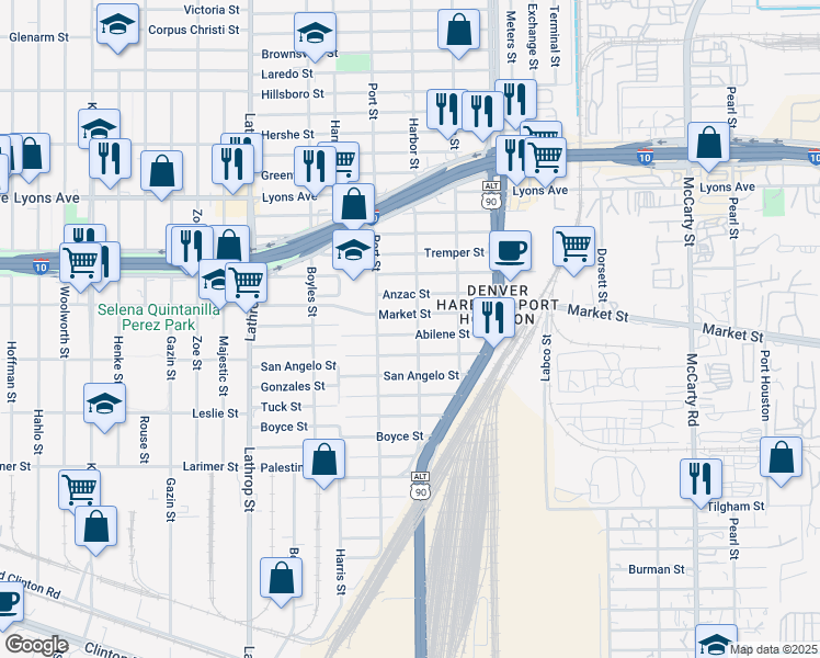 map of restaurants, bars, coffee shops, grocery stores, and more near 7331 Abilene Avenue in Houston