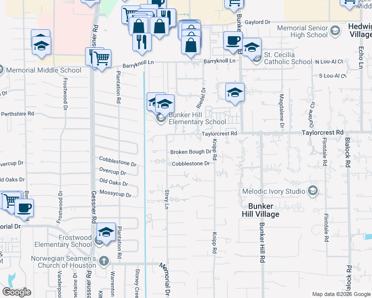 map of restaurants, bars, coffee shops, grocery stores, and more near 11922 Broken Bough Drive in Houston
