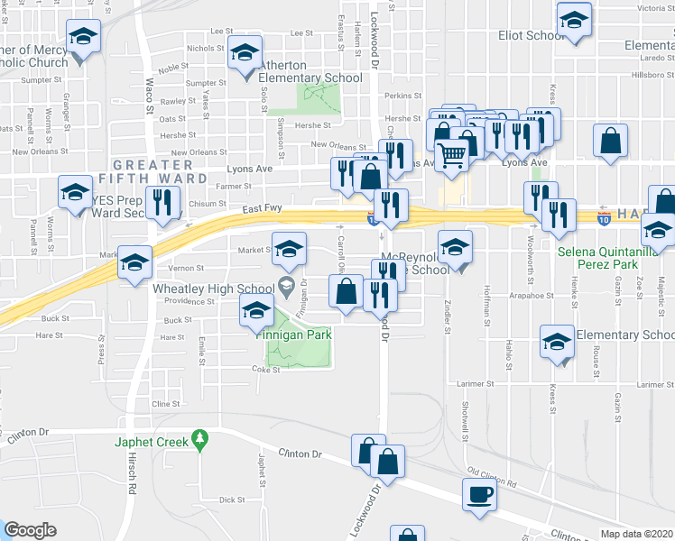 map of restaurants, bars, coffee shops, grocery stores, and more near 1235 Carroll Oliver Way in Houston