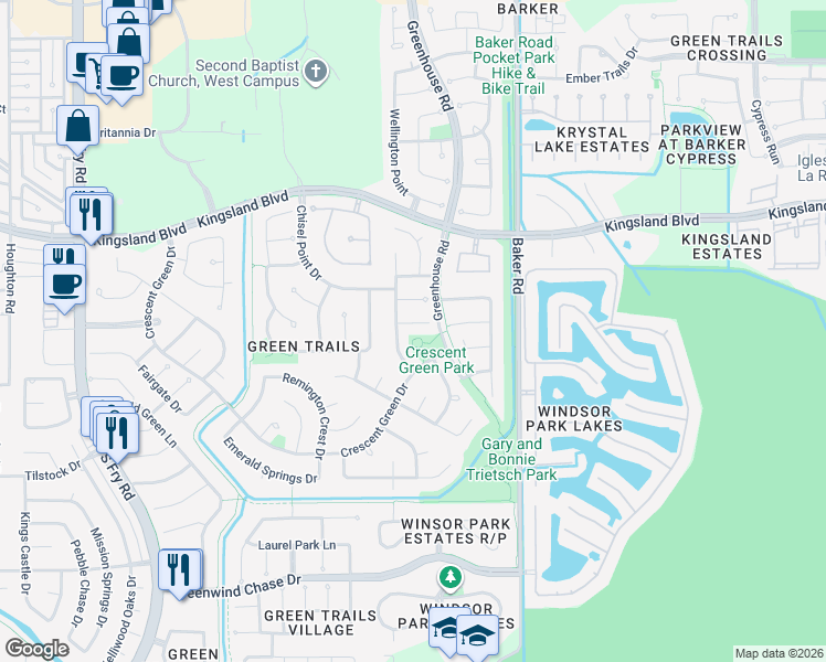 map of restaurants, bars, coffee shops, grocery stores, and more near 19419 Morrisfield Court in Houston