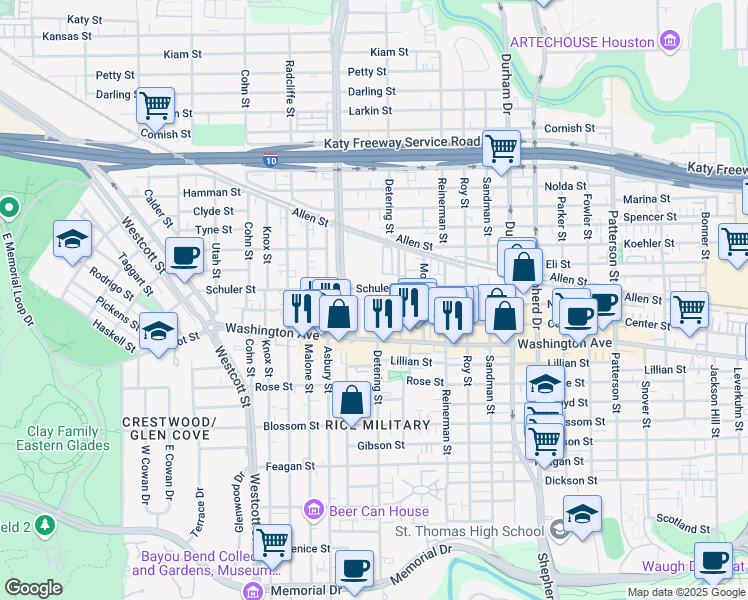 map of restaurants, bars, coffee shops, grocery stores, and more near 1203 Detering Street in Houston