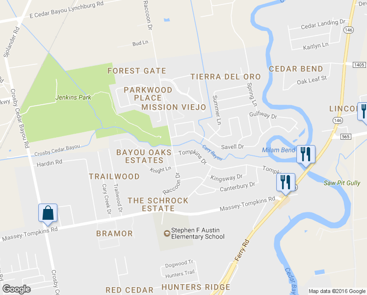 map of restaurants, bars, coffee shops, grocery stores, and more near 3306 Tompkins Dr in Baytown