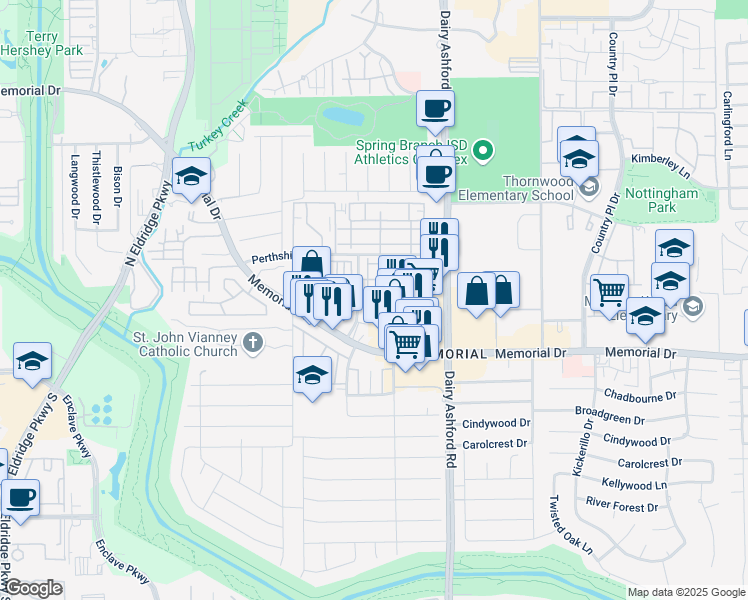 map of restaurants, bars, coffee shops, grocery stores, and more near 700 Thicket Lane in Houston