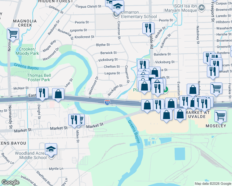 map of restaurants, bars, coffee shops, grocery stores, and more near 13213 Interstate 10 in Houston
