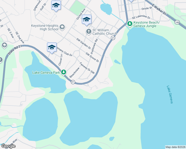 map of restaurants, bars, coffee shops, grocery stores, and more near 1320 South Lawrence Boulevard in Keystone Heights