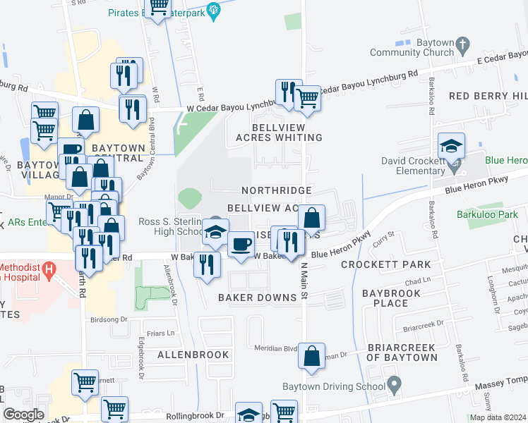 map of restaurants, bars, coffee shops, grocery stores, and more near 113 Craig Street in Baytown
