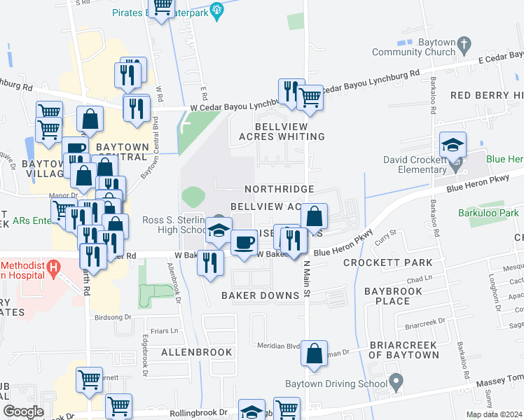 map of restaurants, bars, coffee shops, grocery stores, and more near 113 Craig Street in Baytown