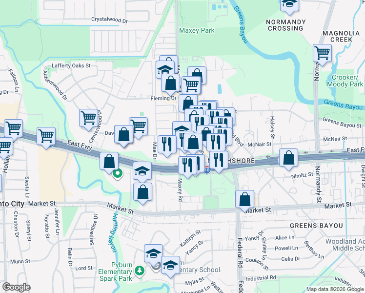map of restaurants, bars, coffee shops, grocery stores, and more near 1013 Maxey Road in Houston