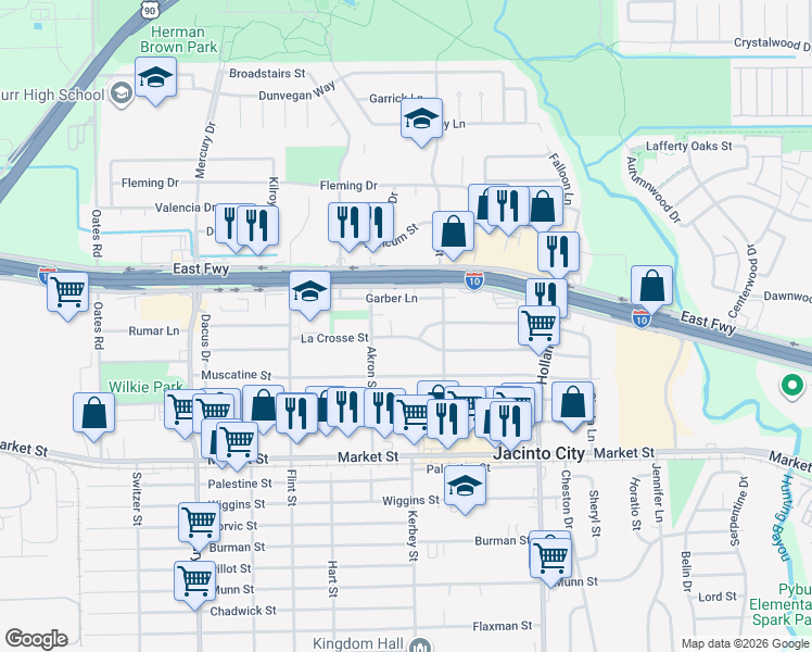 map of restaurants, bars, coffee shops, grocery stores, and more near 10715 La Crosse Street in Houston
