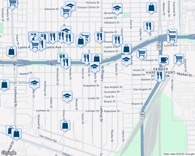map of restaurants, bars, coffee shops, grocery stores, and more near 916 Majestic Street in Houston