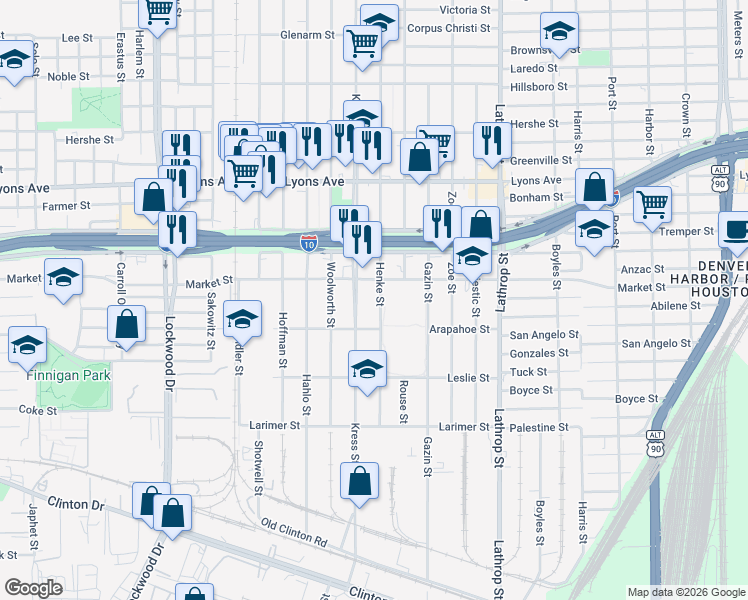 map of restaurants, bars, coffee shops, grocery stores, and more near 923 Kress Street in Houston
