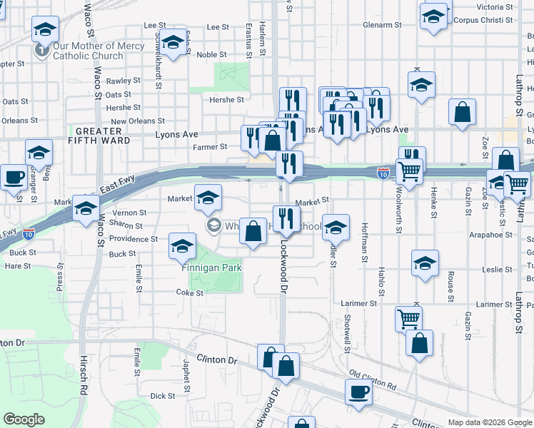 map of restaurants, bars, coffee shops, grocery stores, and more near 5432 San Jose Street in Houston