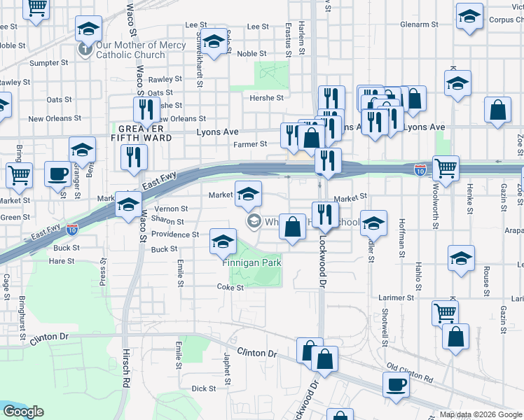 map of restaurants, bars, coffee shops, grocery stores, and more near 5203 San Juan Street in Houston