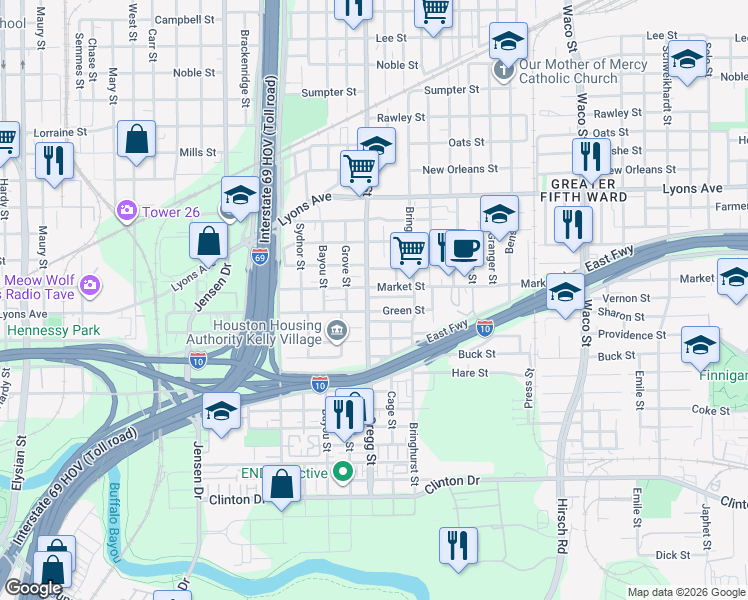 map of restaurants, bars, coffee shops, grocery stores, and more near 1202 Gregg Street in Houston