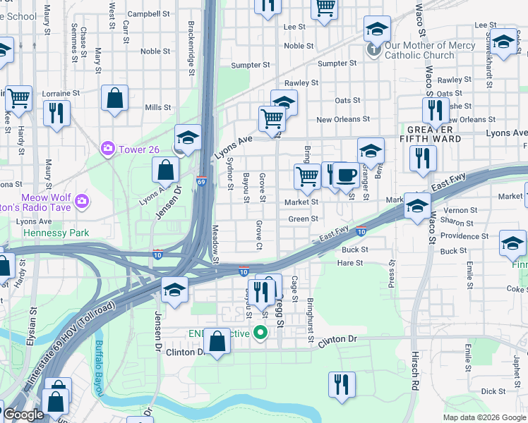 map of restaurants, bars, coffee shops, grocery stores, and more near 3211 Zarzana Alley in Houston