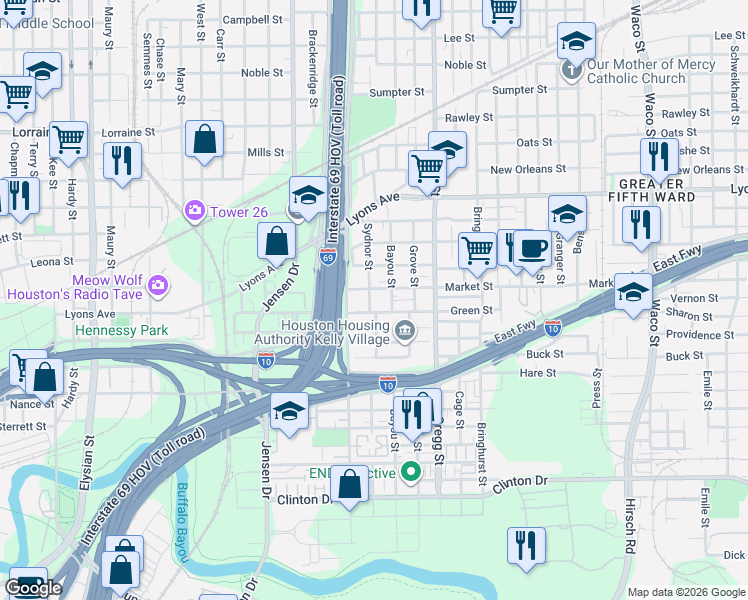 map of restaurants, bars, coffee shops, grocery stores, and more near 1210 Sydnor Street in Houston
