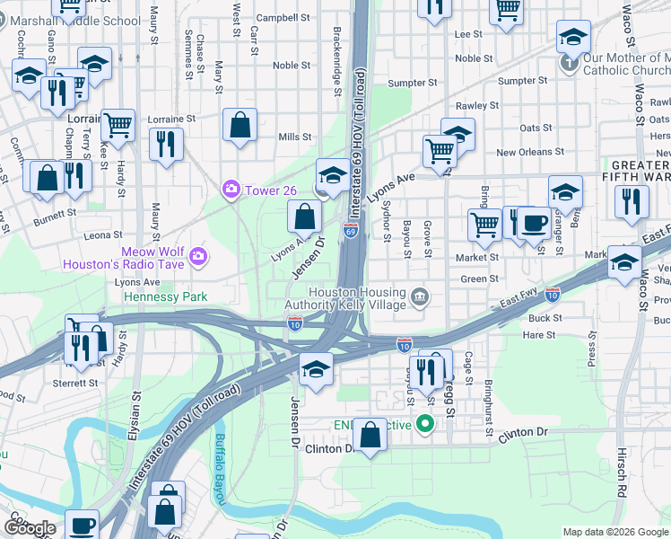 map of restaurants, bars, coffee shops, grocery stores, and more near 2801 Conti Street in Houston