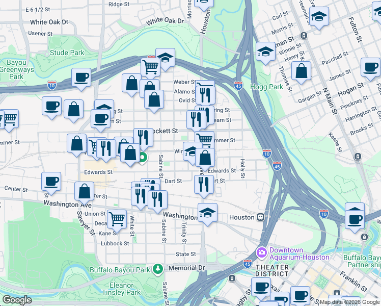 map of restaurants, bars, coffee shops, grocery stores, and more near 1515 Winter Street in Houston