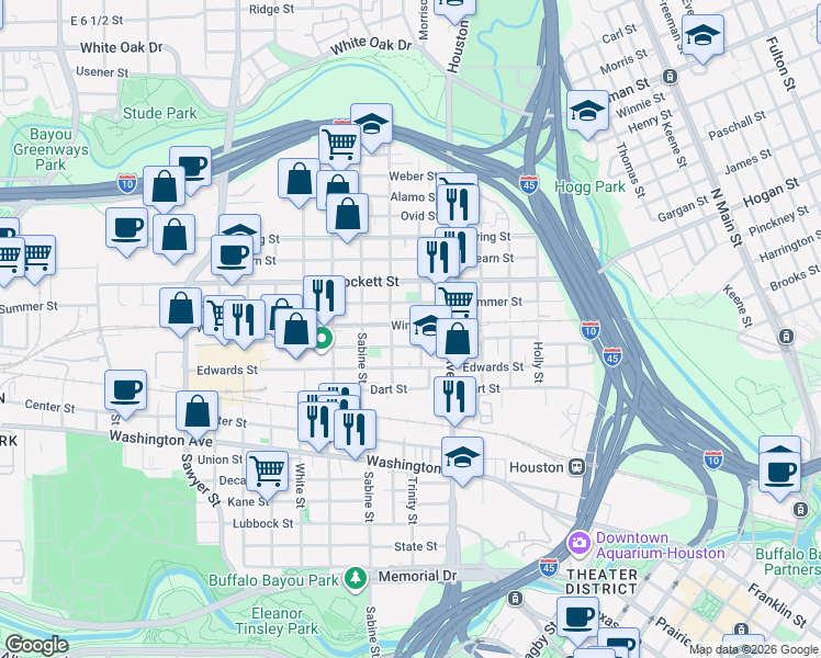 map of restaurants, bars, coffee shops, grocery stores, and more near 1514 Colorado Street in Houston