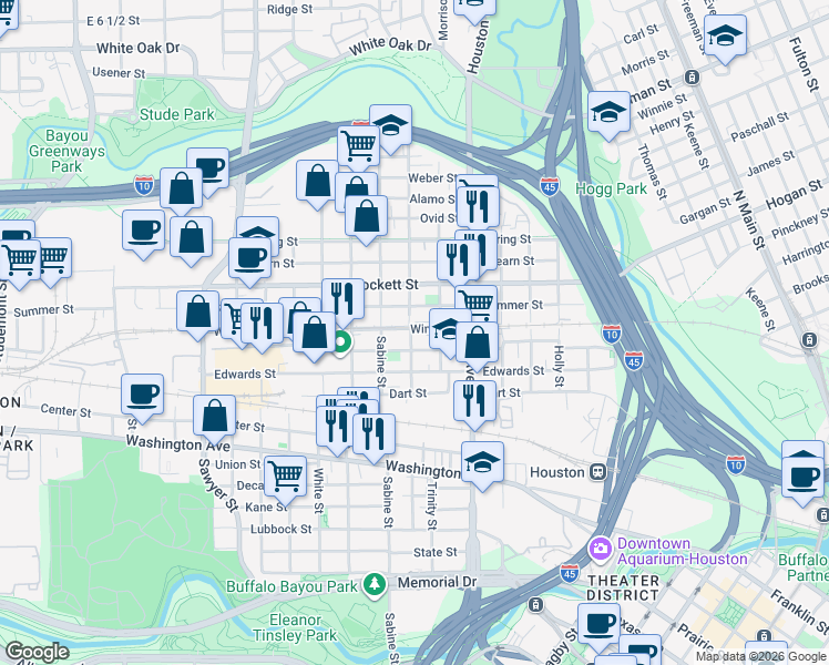 map of restaurants, bars, coffee shops, grocery stores, and more near 1514 Colorado Street in Houston