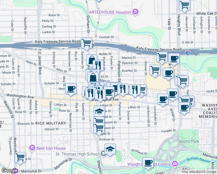 map of restaurants, bars, coffee shops, grocery stores, and more near 1205 Fowler Street in Houston