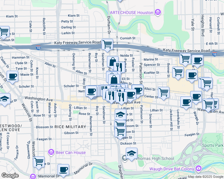 map of restaurants, bars, coffee shops, grocery stores, and more near 1200 Durham Drive in Houston
