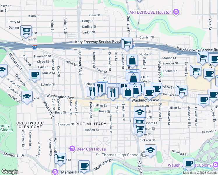 map of restaurants, bars, coffee shops, grocery stores, and more near 5200 Nett Street in Houston