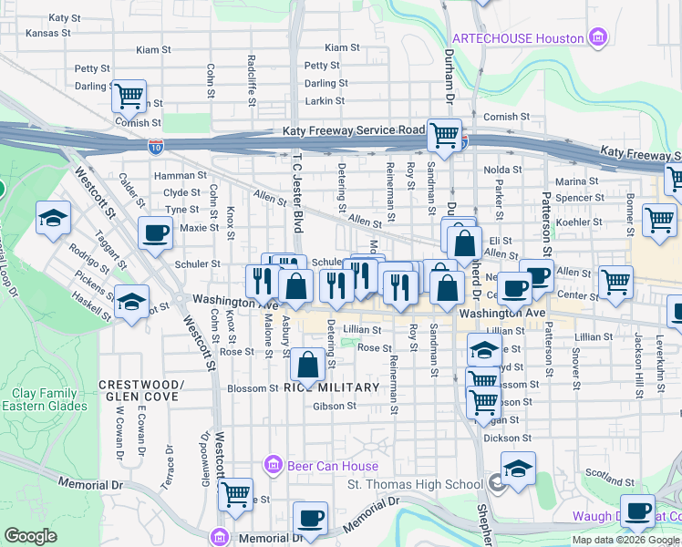 map of restaurants, bars, coffee shops, grocery stores, and more near 5454 Washington Avenue in Houston
