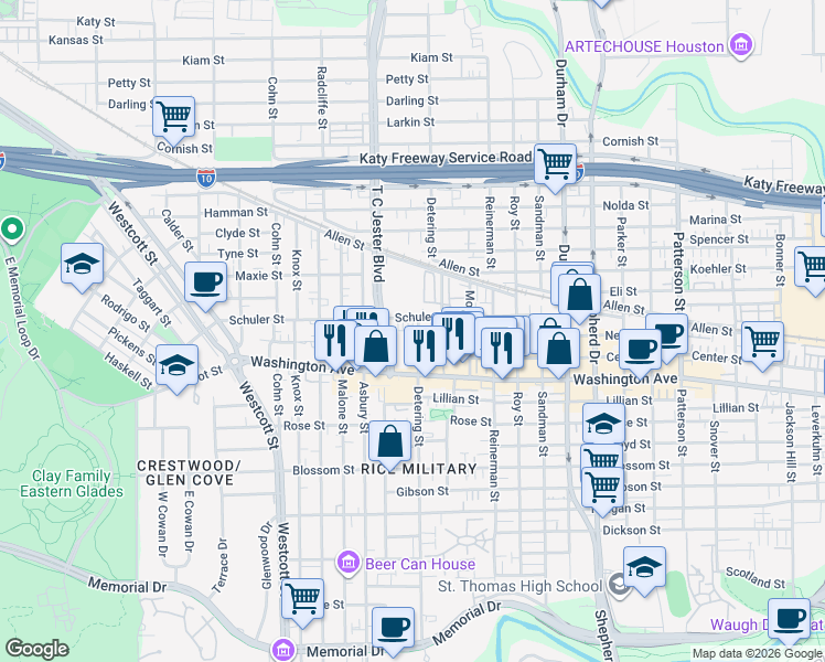 map of restaurants, bars, coffee shops, grocery stores, and more near 1200-1220 Detering Street in Houston