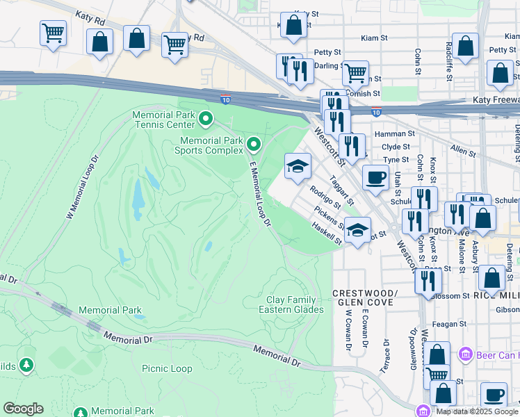 map of restaurants, bars, coffee shops, grocery stores, and more near 1001 E Memorial Loop Dr in Houston