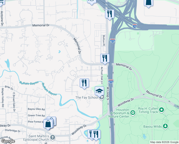 map of restaurants, bars, coffee shops, grocery stores, and more near 8703 Crescent Gate Lane in Houston
