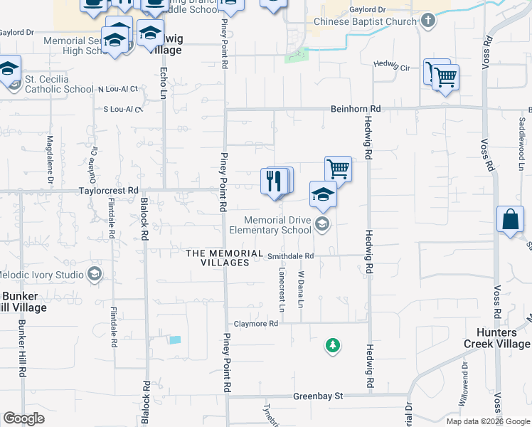 map of restaurants, bars, coffee shops, grocery stores, and more near 6 Jeffers Court in Houston