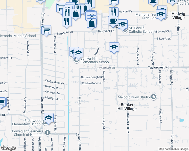 map of restaurants, bars, coffee shops, grocery stores, and more near 11910 Broken Bough Drive in Houston