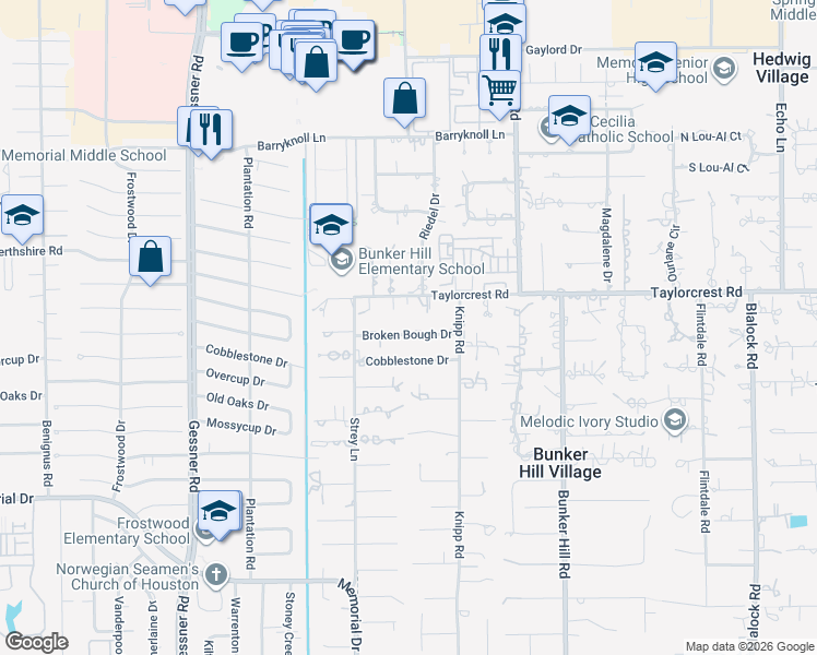 map of restaurants, bars, coffee shops, grocery stores, and more near 11922 Broken Bough Drive in Houston