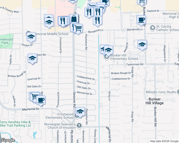 map of restaurants, bars, coffee shops, grocery stores, and more near 12122 Broken Bough Drive in Houston