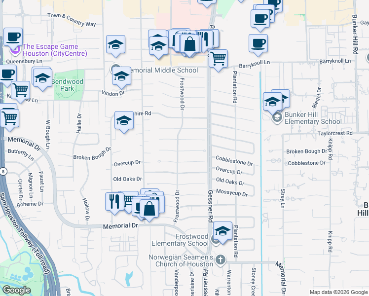 map of restaurants, bars, coffee shops, grocery stores, and more near 12334 Cobblestone Drive in Houston