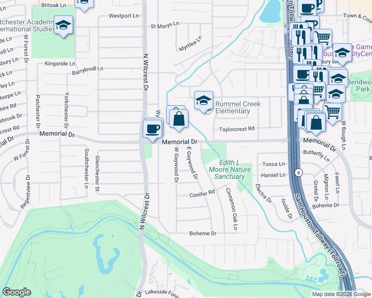 map of restaurants, bars, coffee shops, grocery stores, and more near 438 West Gaywood Drive in Houston